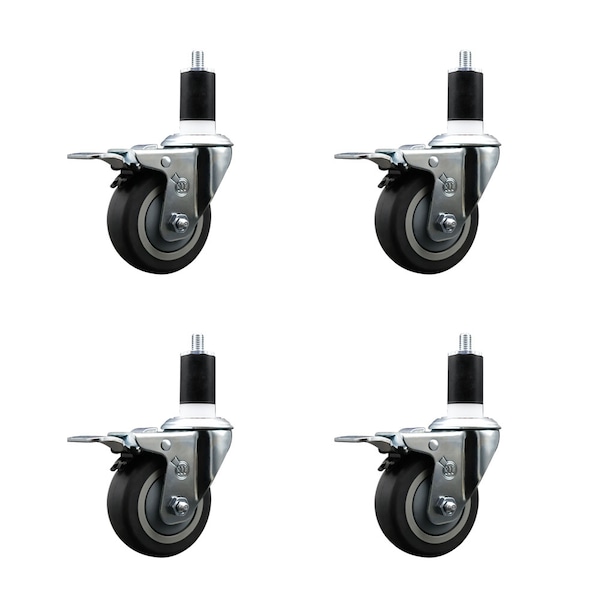 3.5'' SS Thermoplastic Rubber Swivel 1-1/2'' Expanding Stem Caster Set Total Lock Brake, 4PK